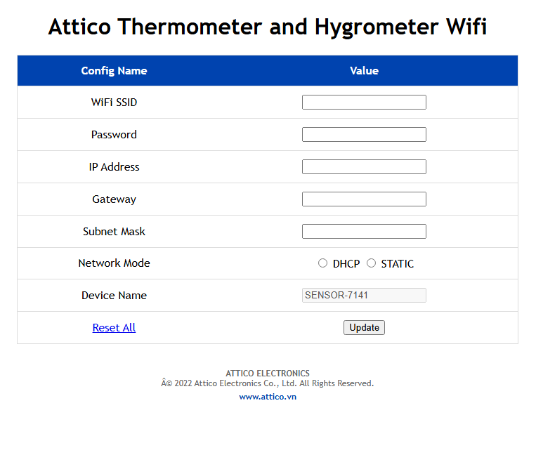 Giao diện WiFi Settings của cảm biến